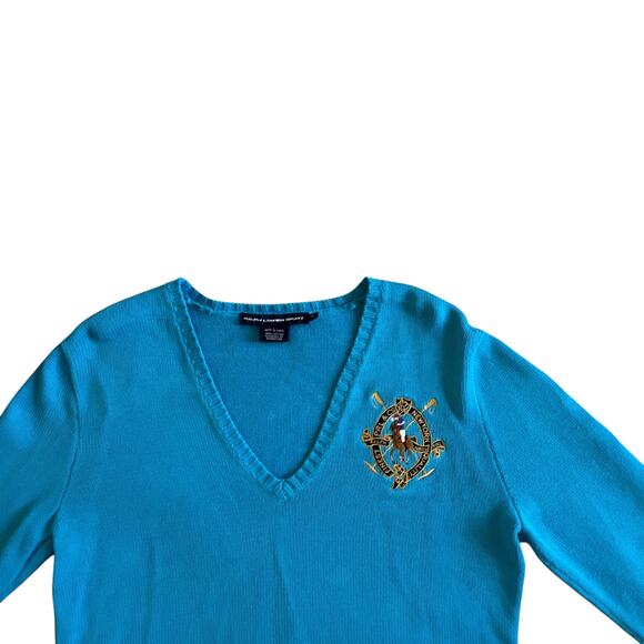 VTG Ralph Lauren Turquoise Crescent Sweater V-Neck Long Sleeve Pullover Size XL - Picture 2 of 16